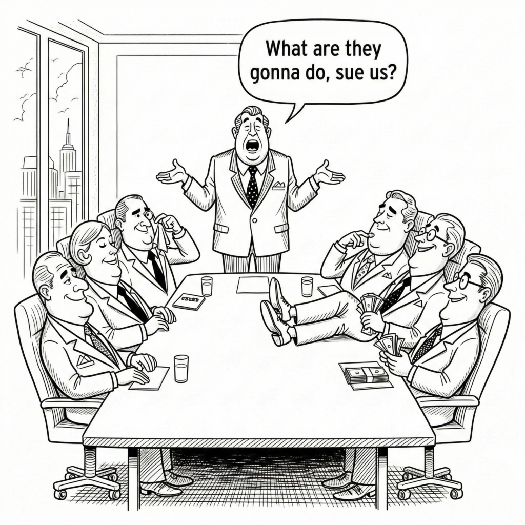 Boardroom scene: "What are they gonna do, sue us?"